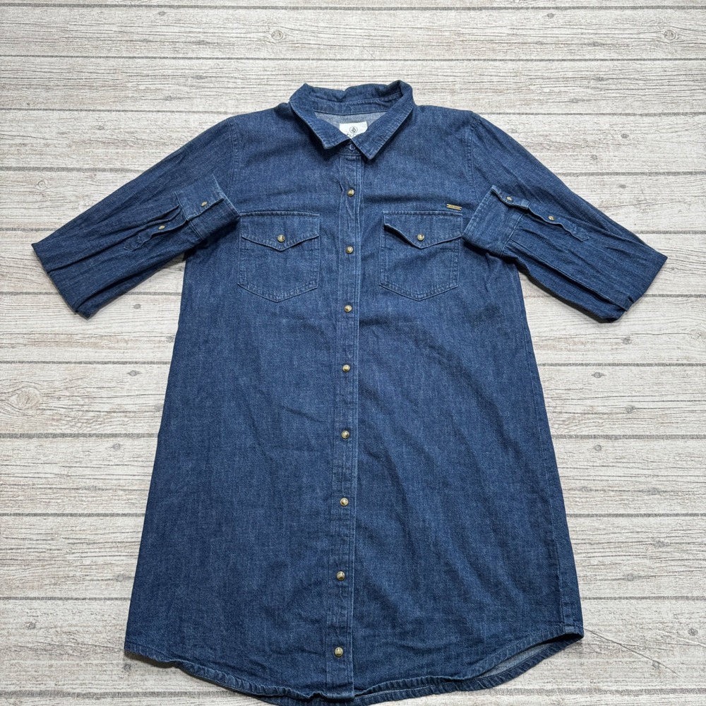 Volcom Denim Shirt Dress Women's Medium Blue Long Sleeve Button Down Casual Y2K